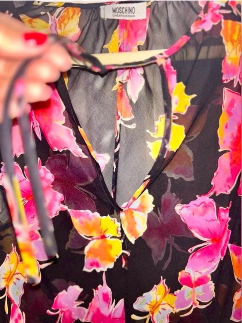 Vintage Moschino Butterfly Print Sheer Blouse Black Pink Y2K Chiffon Top - Picture 8 of 9
